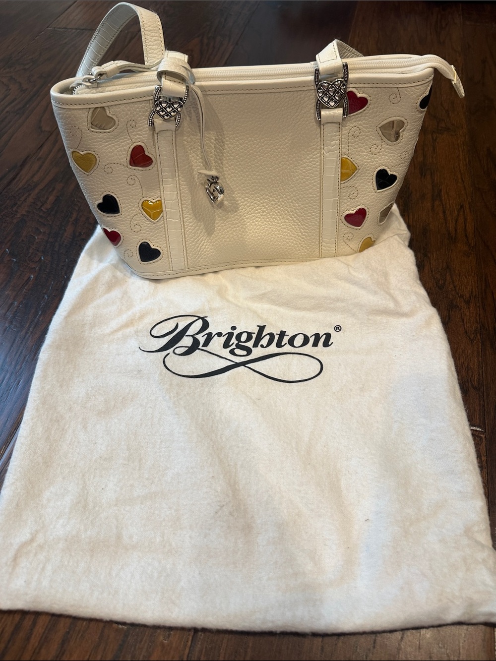 Brighton White Leather Tote with Multicolor Heart Details